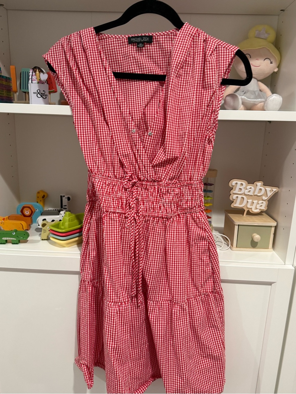 Rachel Zoe Red Gingham V-Neck Midi Dress